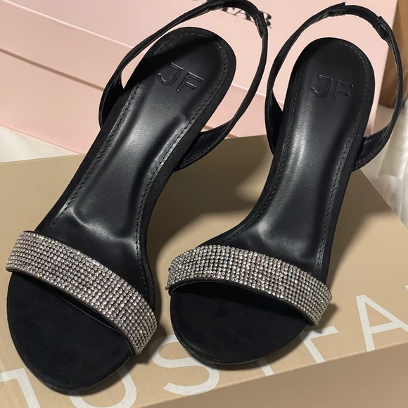 Black suede crystal sling back embellished sandal heels - Picture 2 of 7